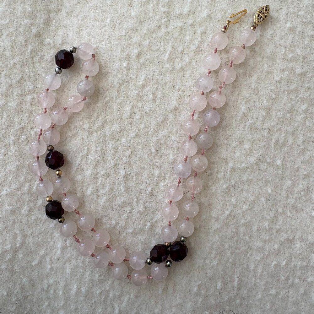 Rose Quartz and Garnet hand knotted necklace 22"